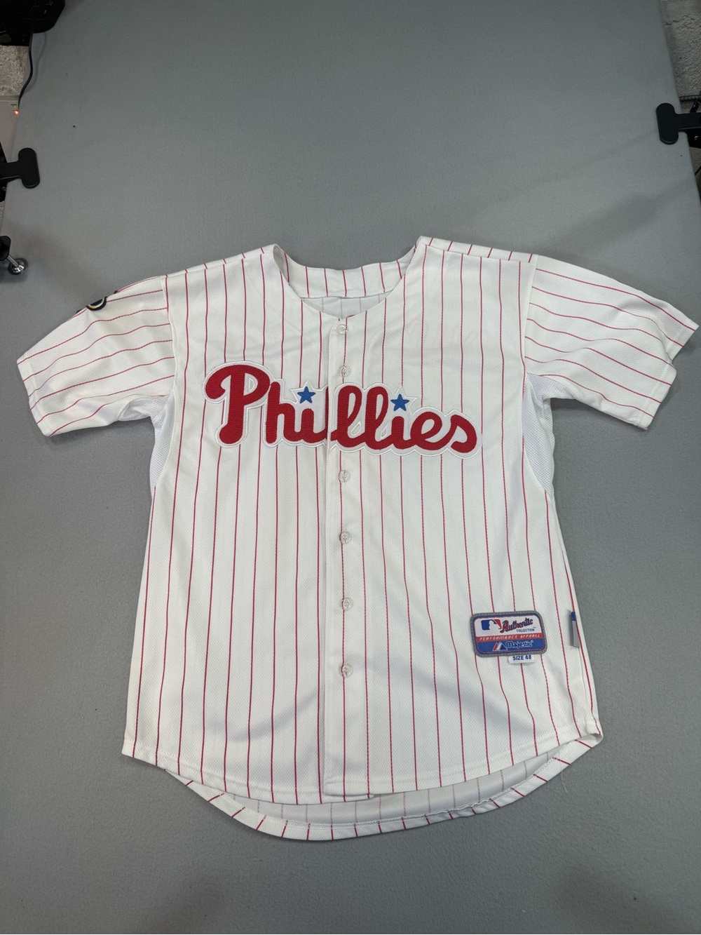 Majestic Phillies Victorino 8 White & Red Pinstripe Men’s Baseball Jersey